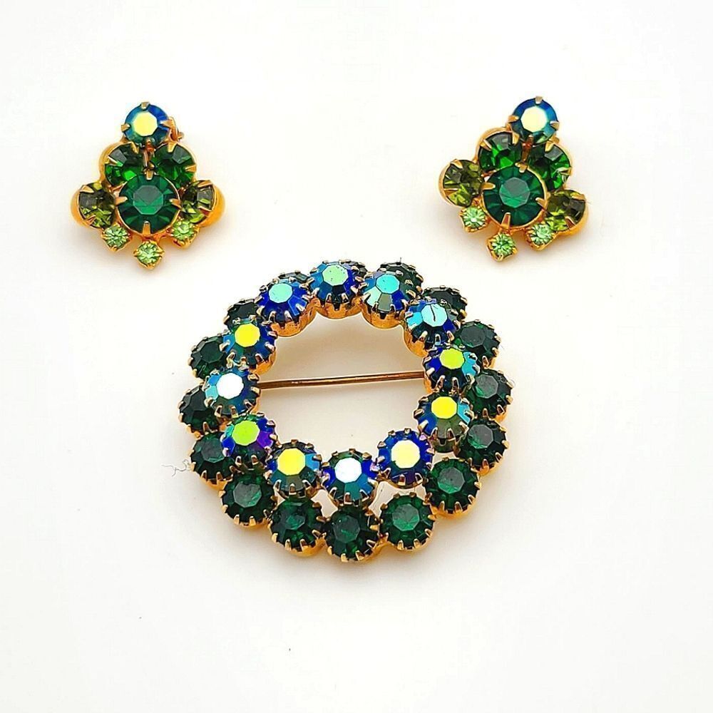  Vintage Austrian Green AB Rhinestone Brooch Pin an Earrings Set,